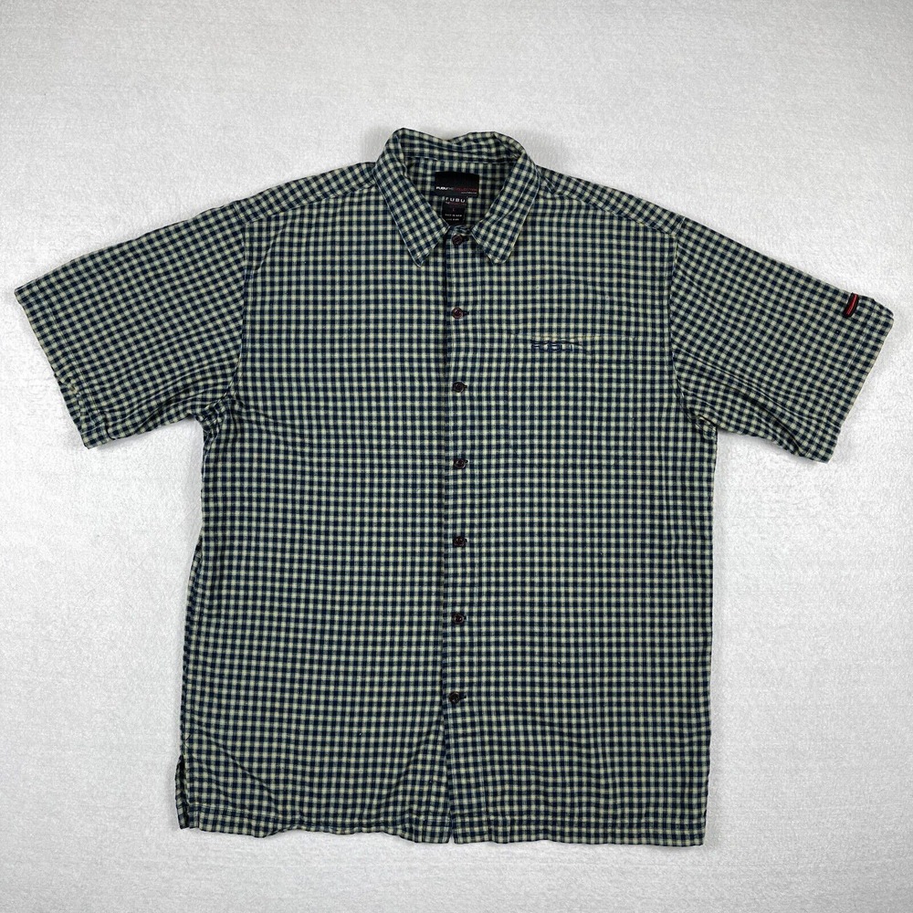 FUBU Button Up Shirt Mens Large Navy Blue Yellow Gingham Plaid Short Sleeve Y2K